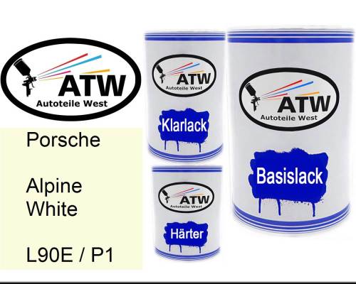Porsche, Alpine White, L90E / P1: 500ml Lackdose + 500ml Klarlack + 250ml Härter - Set, von ATW Autoteile West.